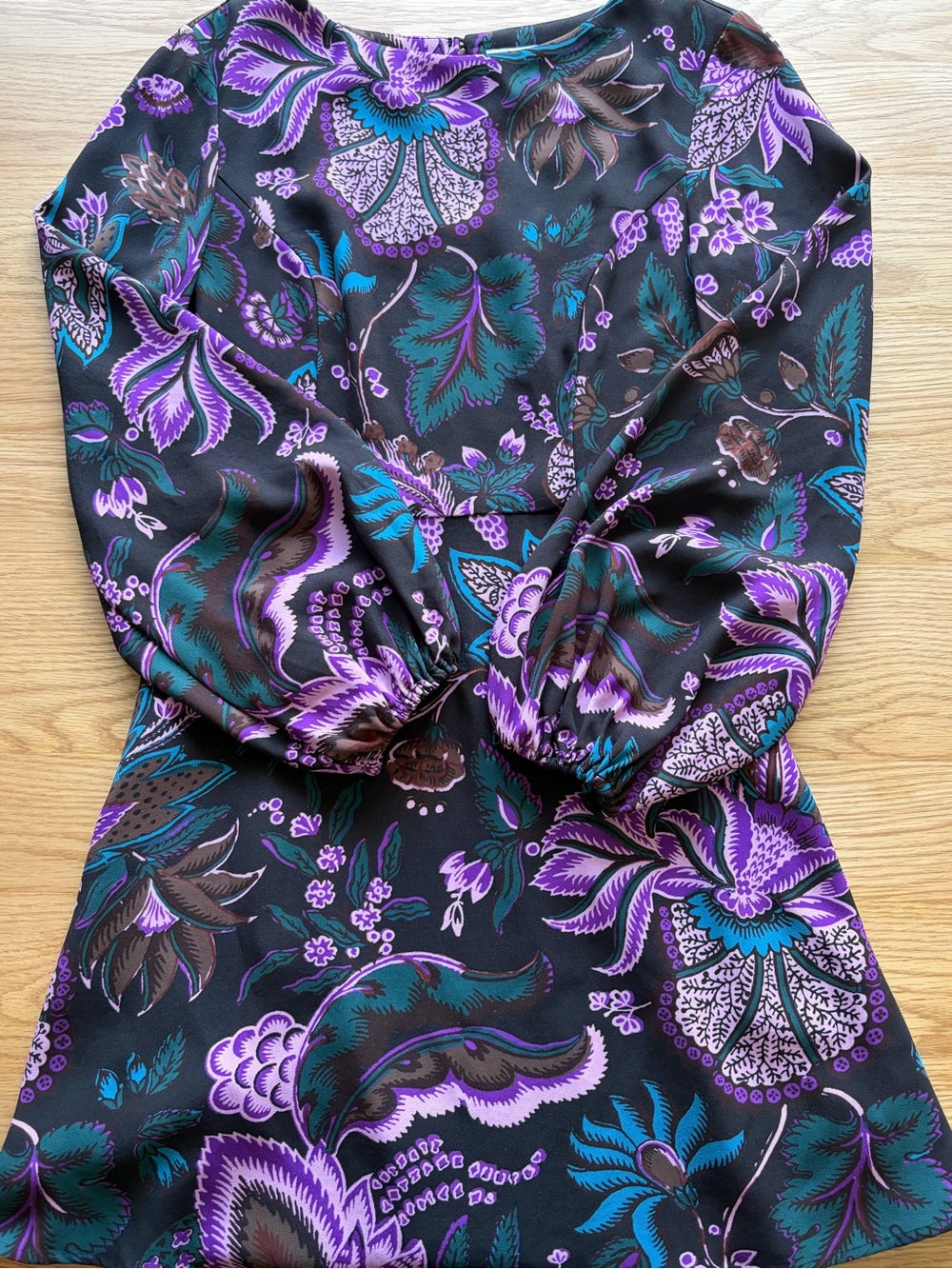 RHODE Black Long-Sleeve Floral Dress with Purple & Teal Print